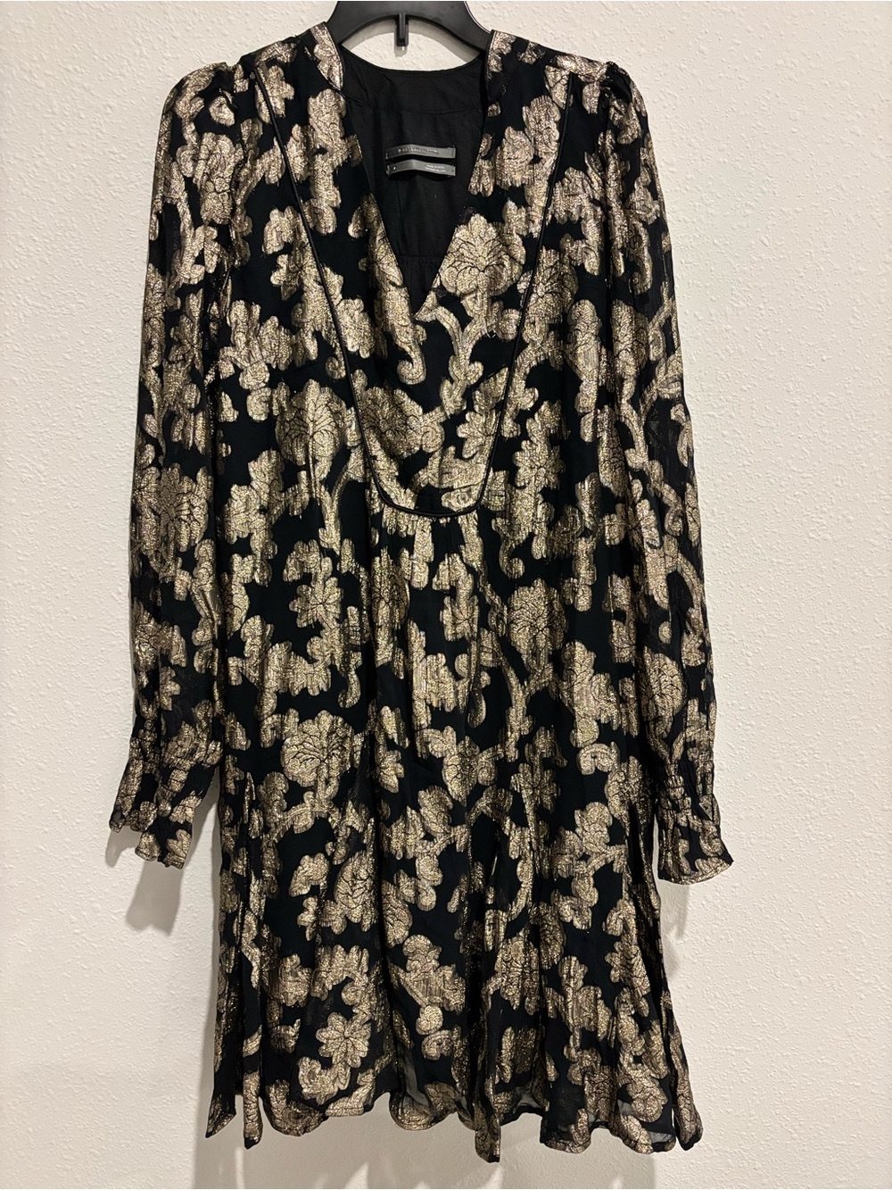Anthropologie Black Dress with Metallic Gold Floral Jacquard
